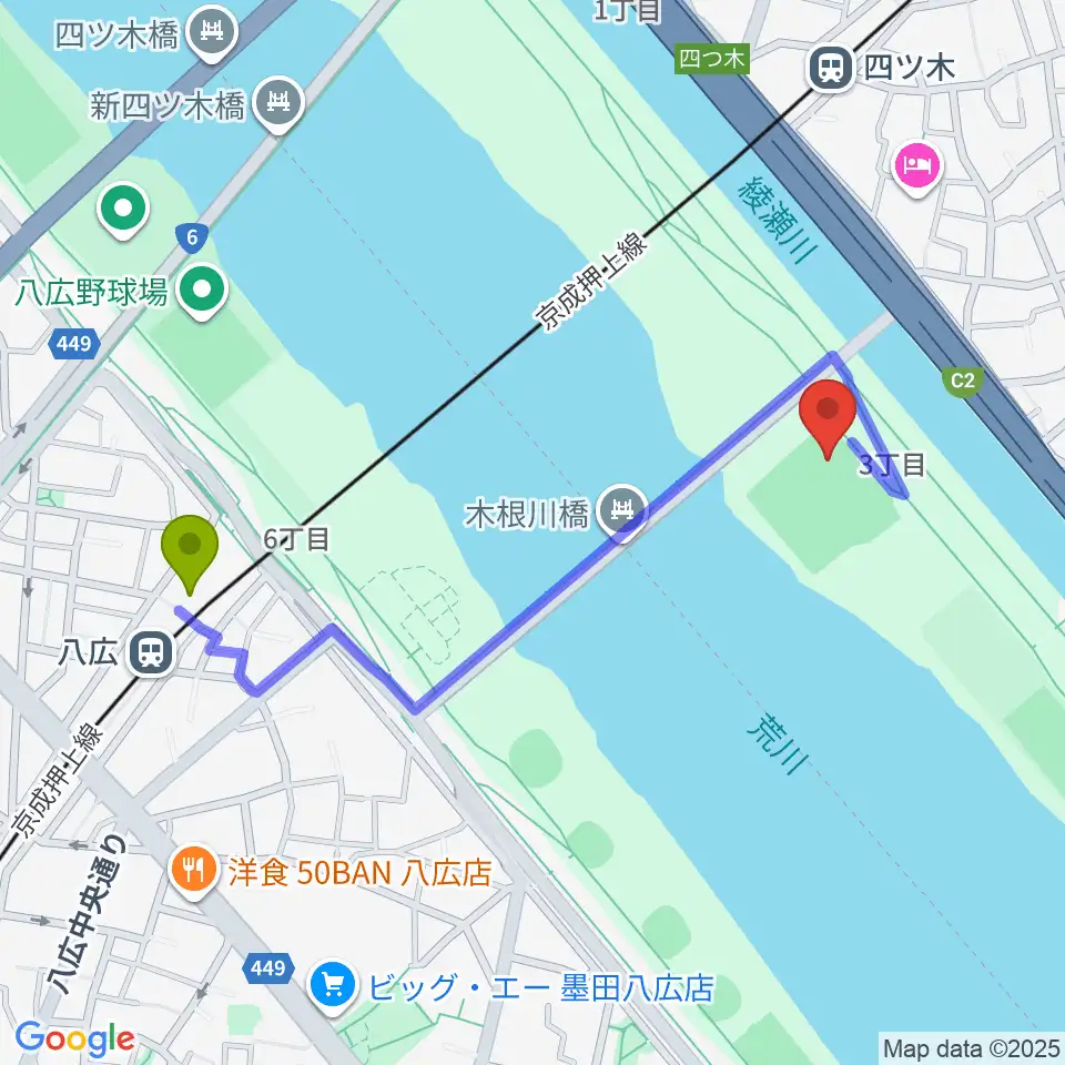 八広駅から木根川橋野球場へのルートマップ地図
