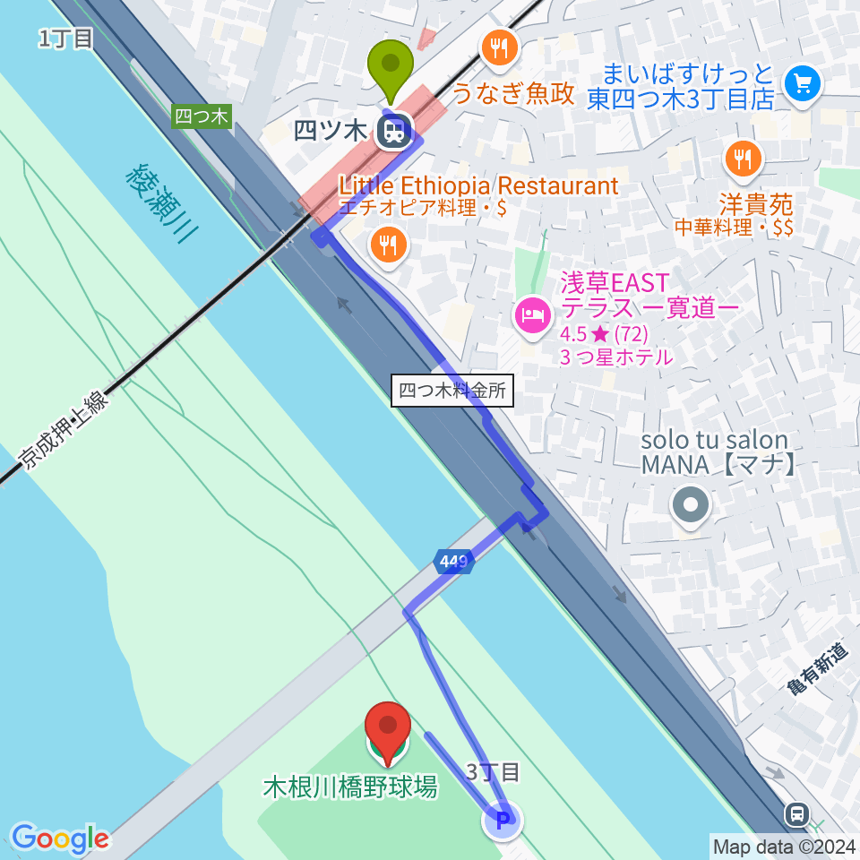 木根川橋野球場の最寄駅四ツ木駅からの徒歩ルート（約6分）地図