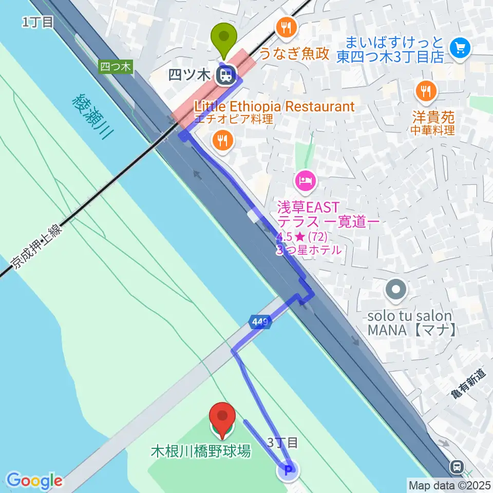 木根川橋野球場の最寄駅四ツ木駅からの徒歩ルート（約6分）地図