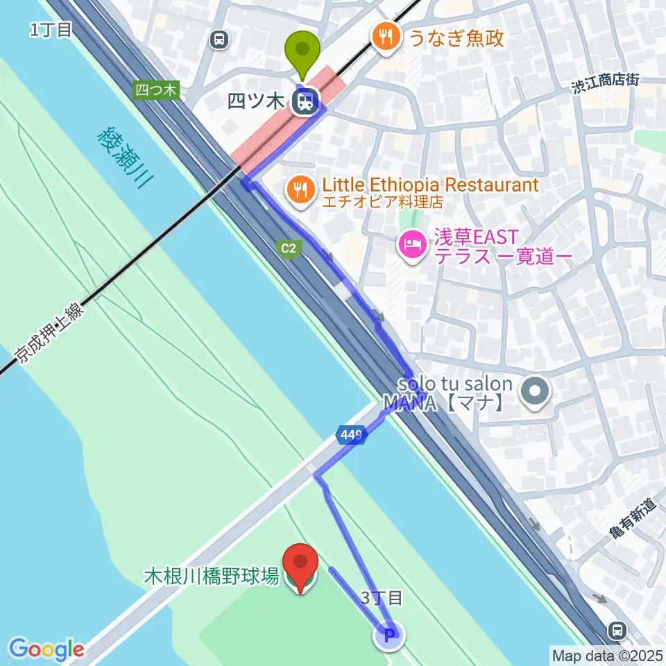 木根川橋野球場の最寄駅四ツ木駅からの徒歩ルート（約6分）地図