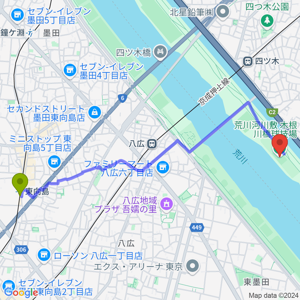 東向島駅から木根川橋球技場へのルートマップ地図