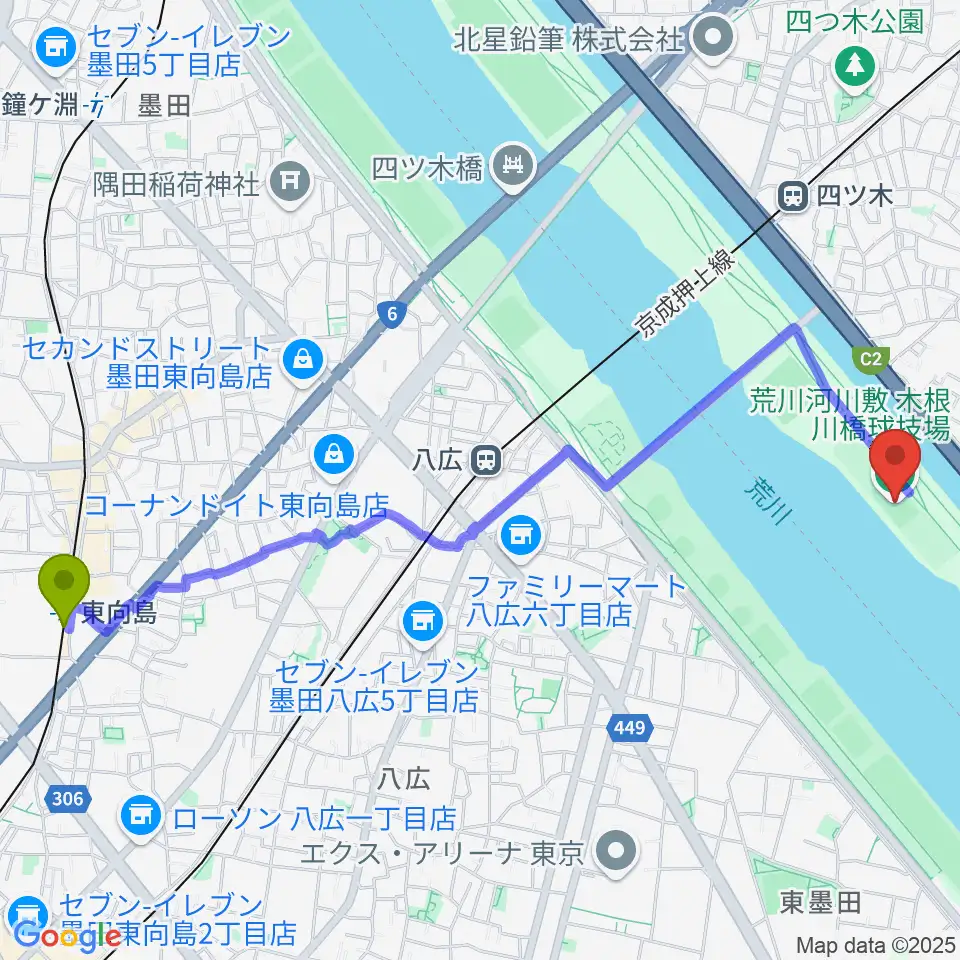 東向島駅から木根川橋球技場へのルートマップ地図