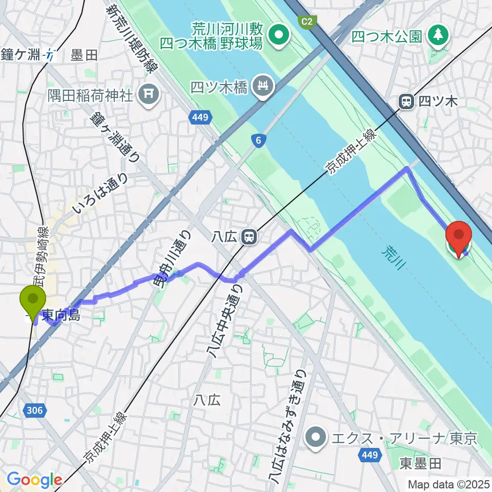 東向島駅から木根川橋球技場へのルートマップ地図