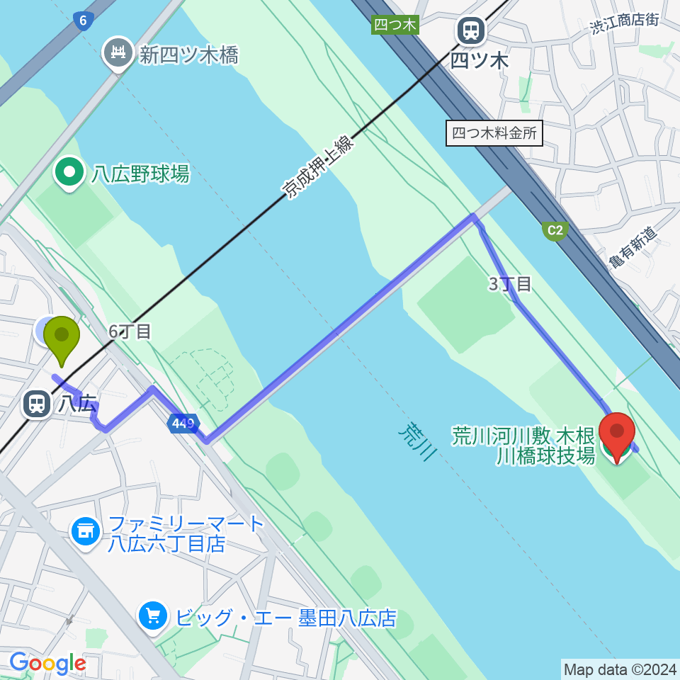 八広駅から木根川橋球技場へのルートマップ地図