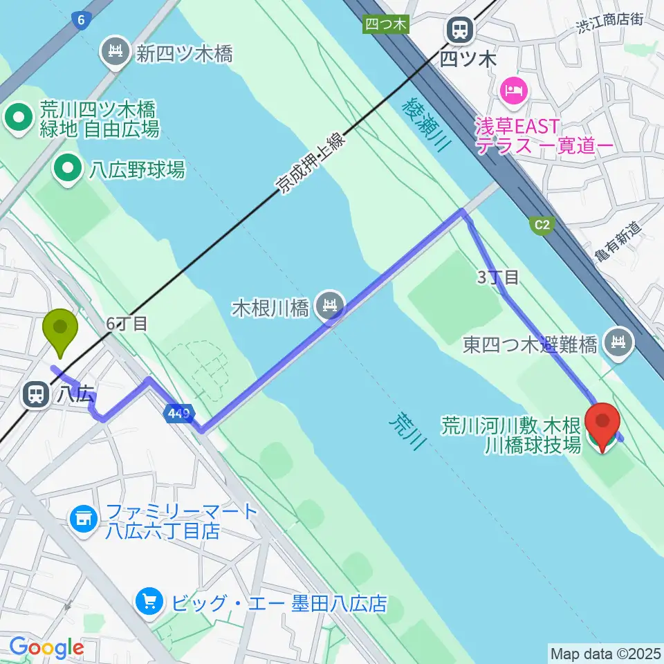 八広駅から木根川橋球技場へのルートマップ地図