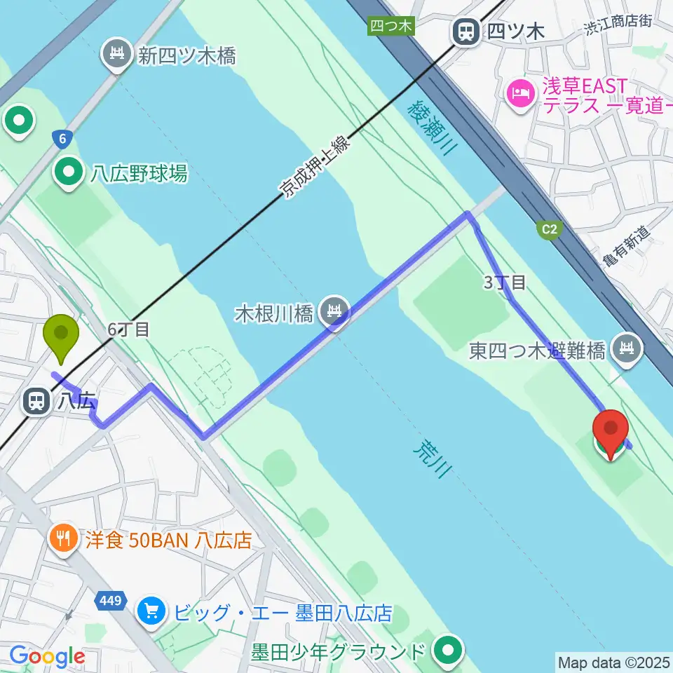 八広駅から木根川橋球技場へのルートマップ地図