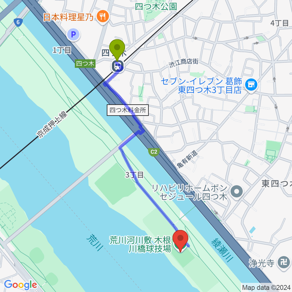 木根川橋球技場の最寄駅四ツ木駅からの徒歩ルート（約11分）地図