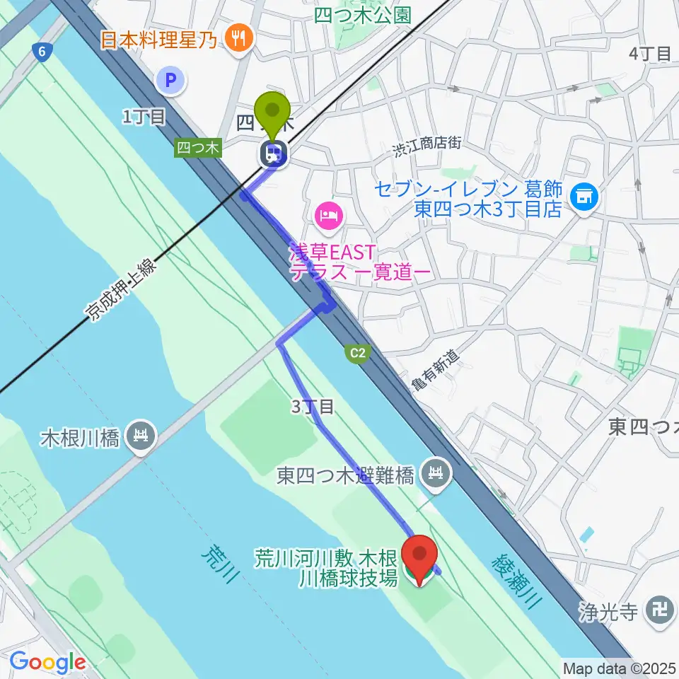 木根川橋球技場の最寄駅四ツ木駅からの徒歩ルート（約11分）地図