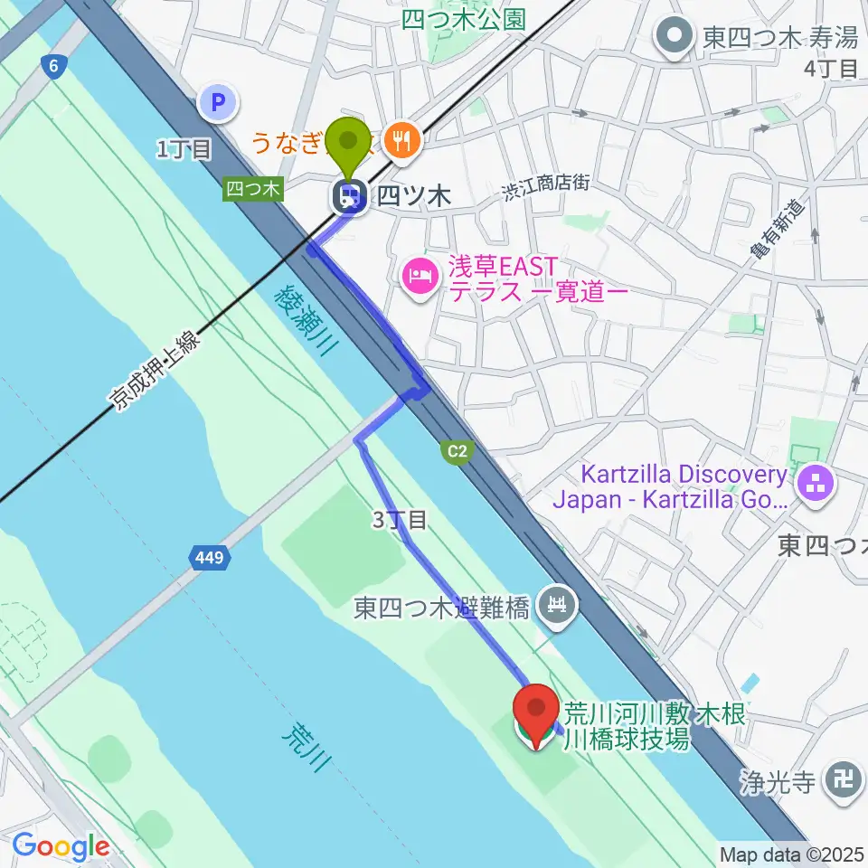 木根川橋球技場の最寄駅四ツ木駅からの徒歩ルート（約11分）地図