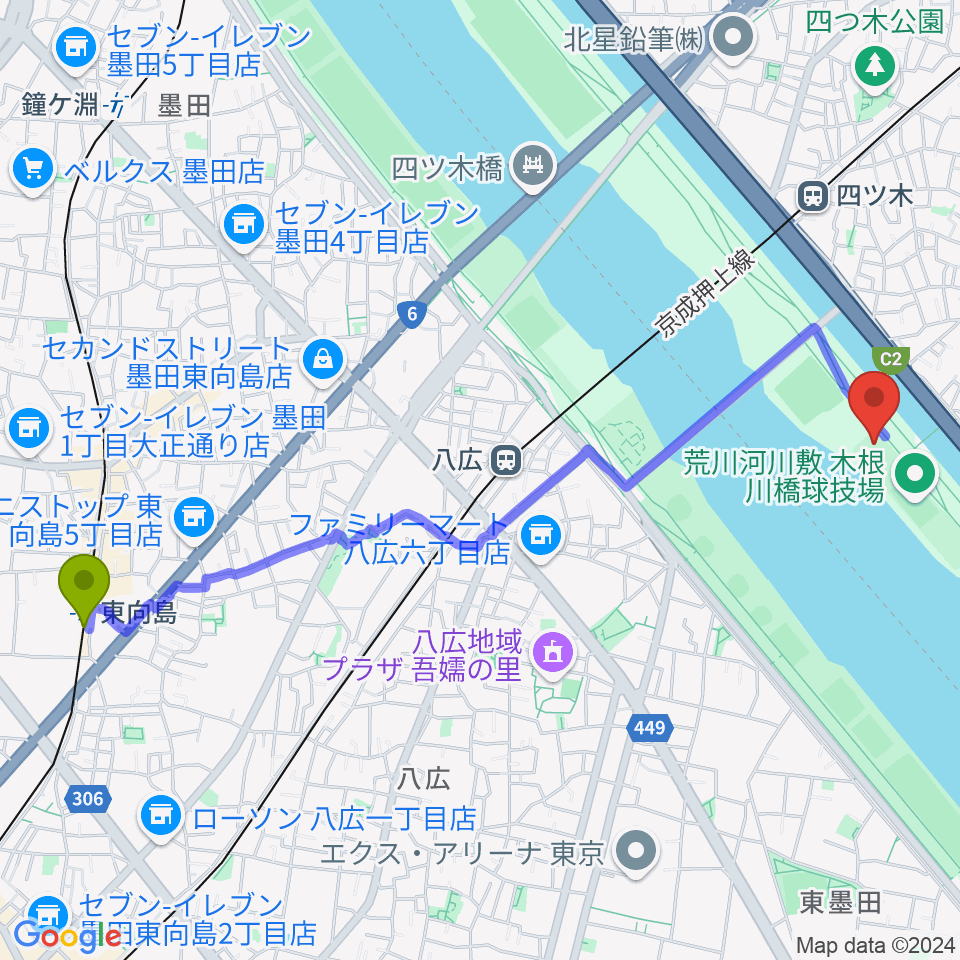 東向島駅から木根川橋少年野球場へのルートマップ地図