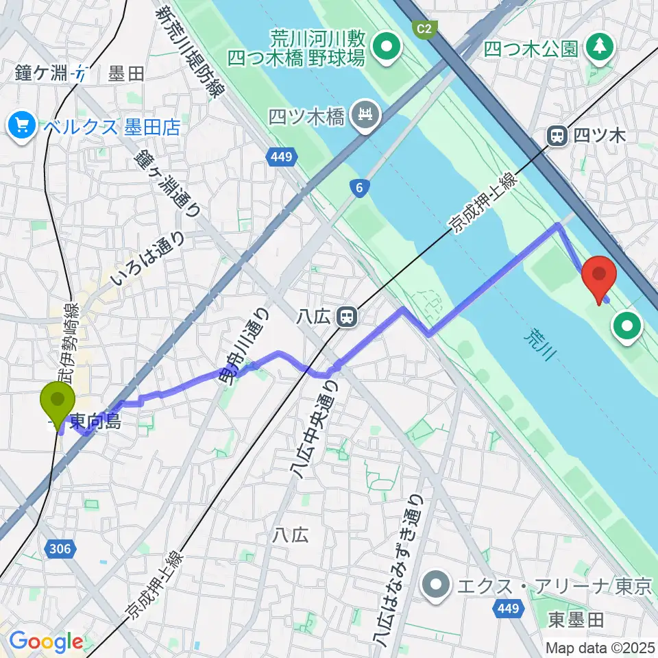 東向島駅から木根川橋少年野球場へのルートマップ地図