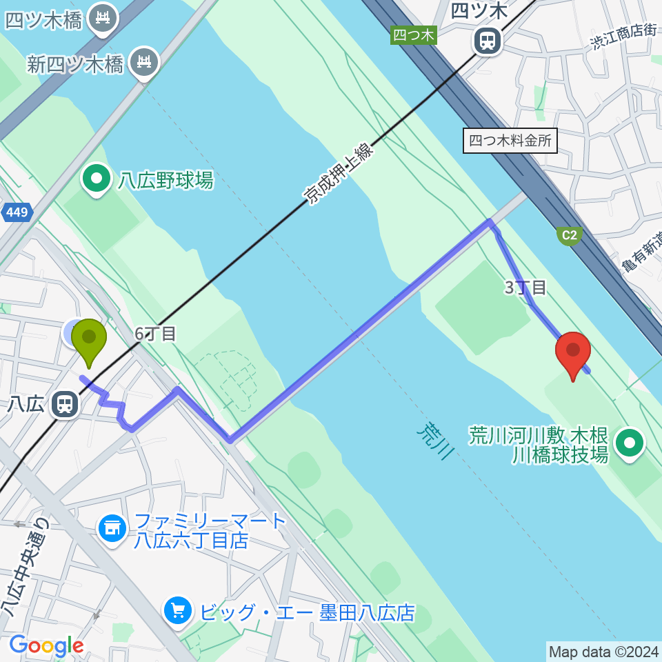 八広駅から木根川橋少年野球場へのルートマップ地図