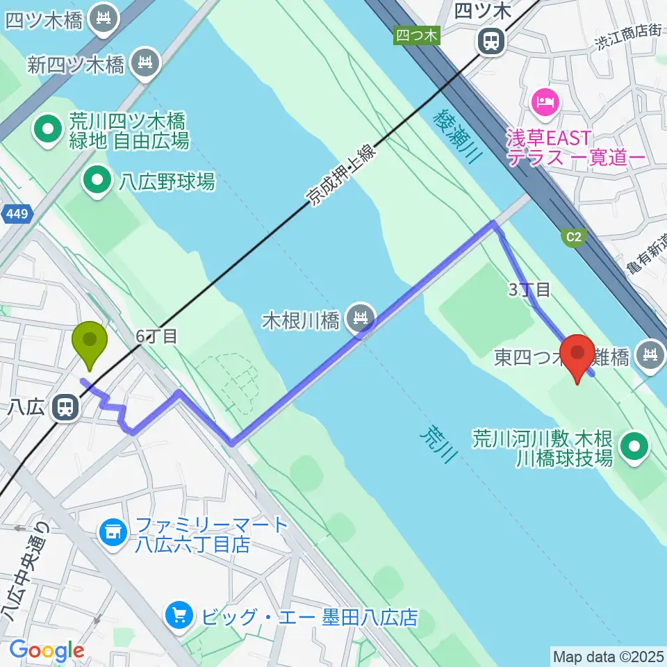 八広駅から木根川橋少年野球場へのルートマップ地図