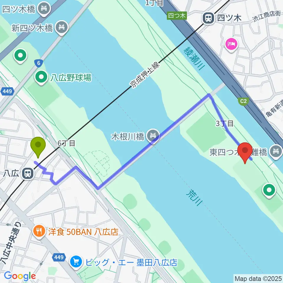 八広駅から木根川橋少年野球場へのルートマップ地図
