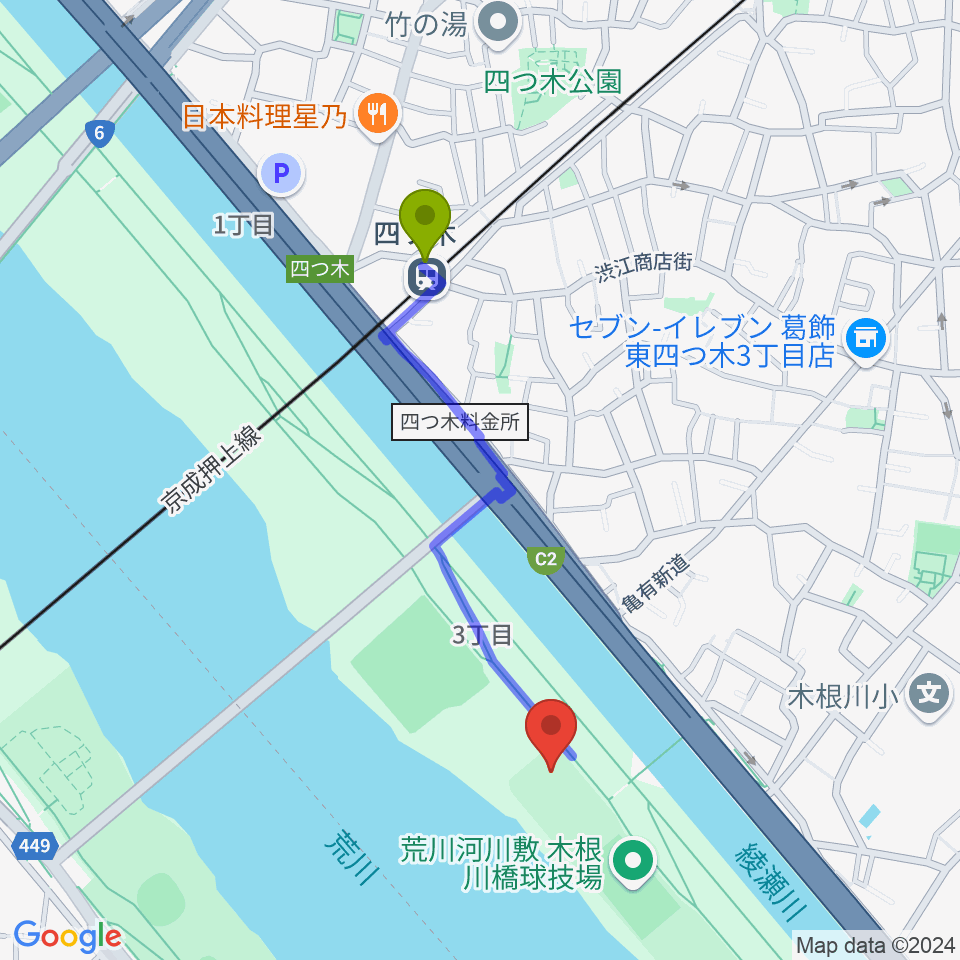 木根川橋少年野球場の最寄駅四ツ木駅からの徒歩ルート（約8分）地図