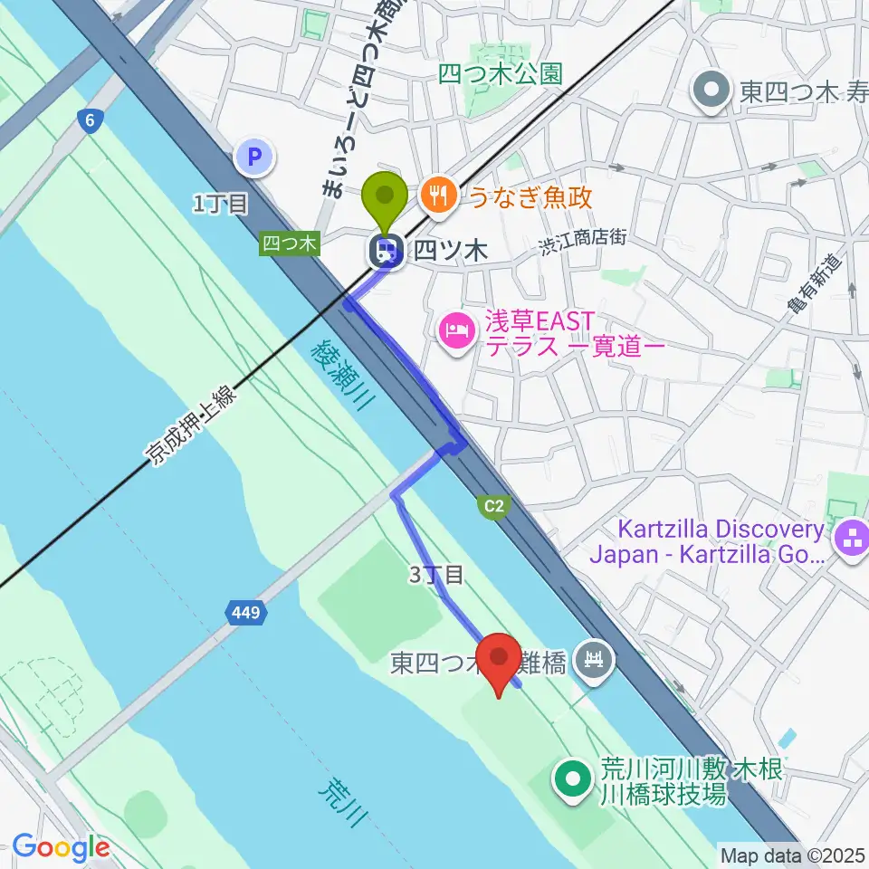 木根川橋少年野球場の最寄駅四ツ木駅からの徒歩ルート（約8分）地図