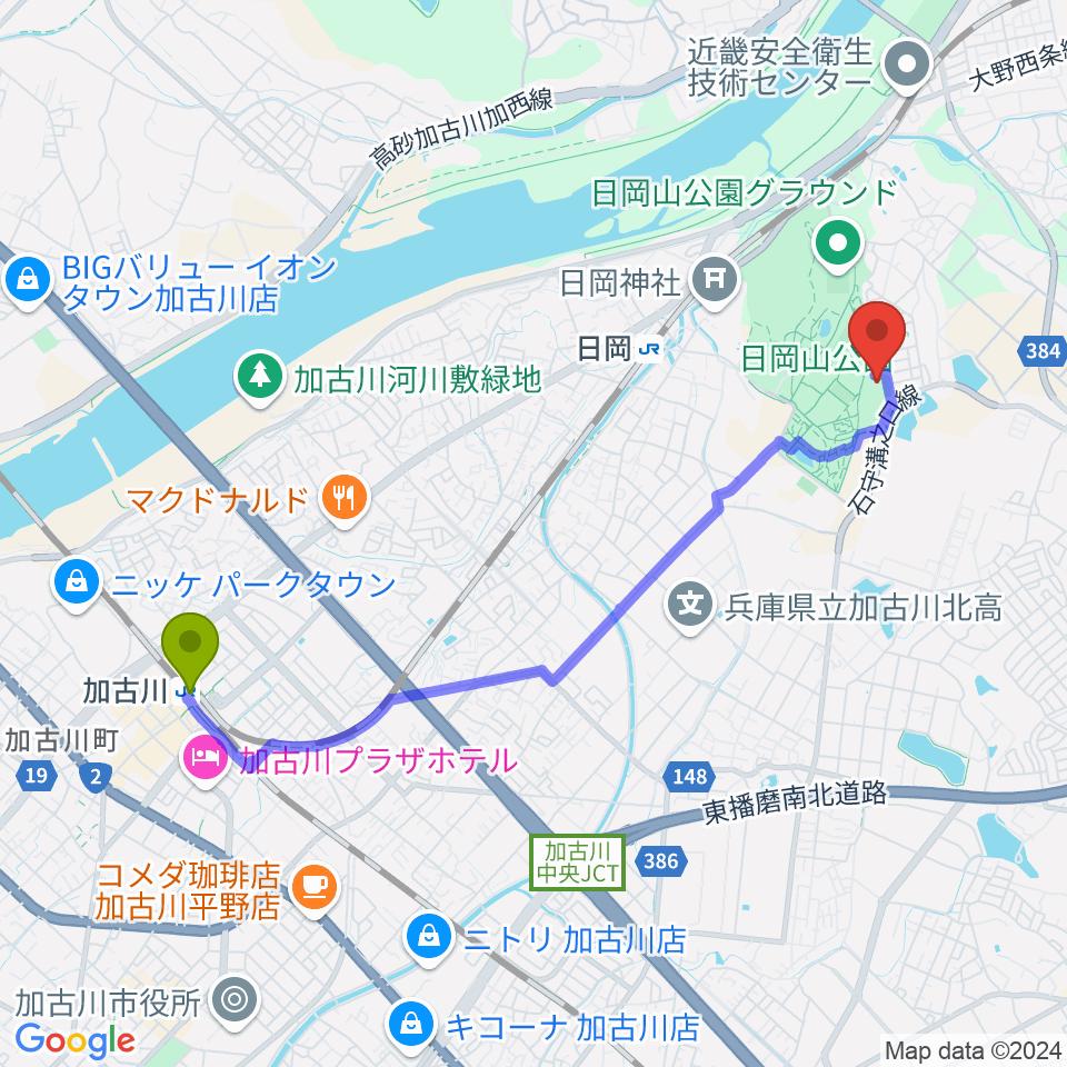 加古川駅から117いいなスポーツアリーナへのルートマップ地図