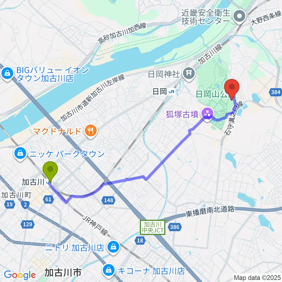 加古川駅から117いいなスポーツアリーナへのルートマップ地図