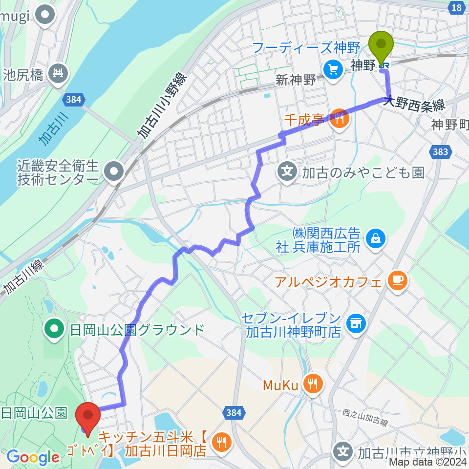 神野駅から117いいなスポーツアリーナへのルートマップ地図