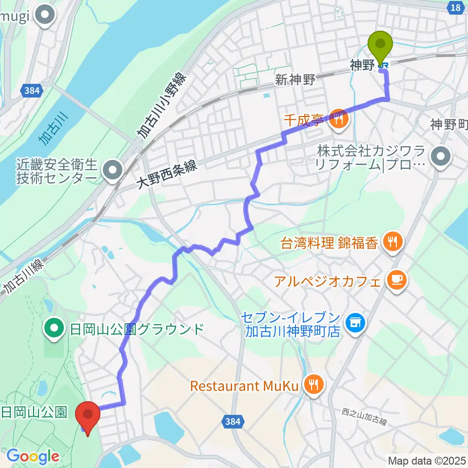 神野駅から117いいなスポーツアリーナへのルートマップ地図