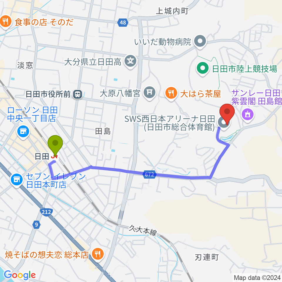 SWS西日本アリーナ日田の最寄駅日田駅からの徒歩ルート（約20分）地図