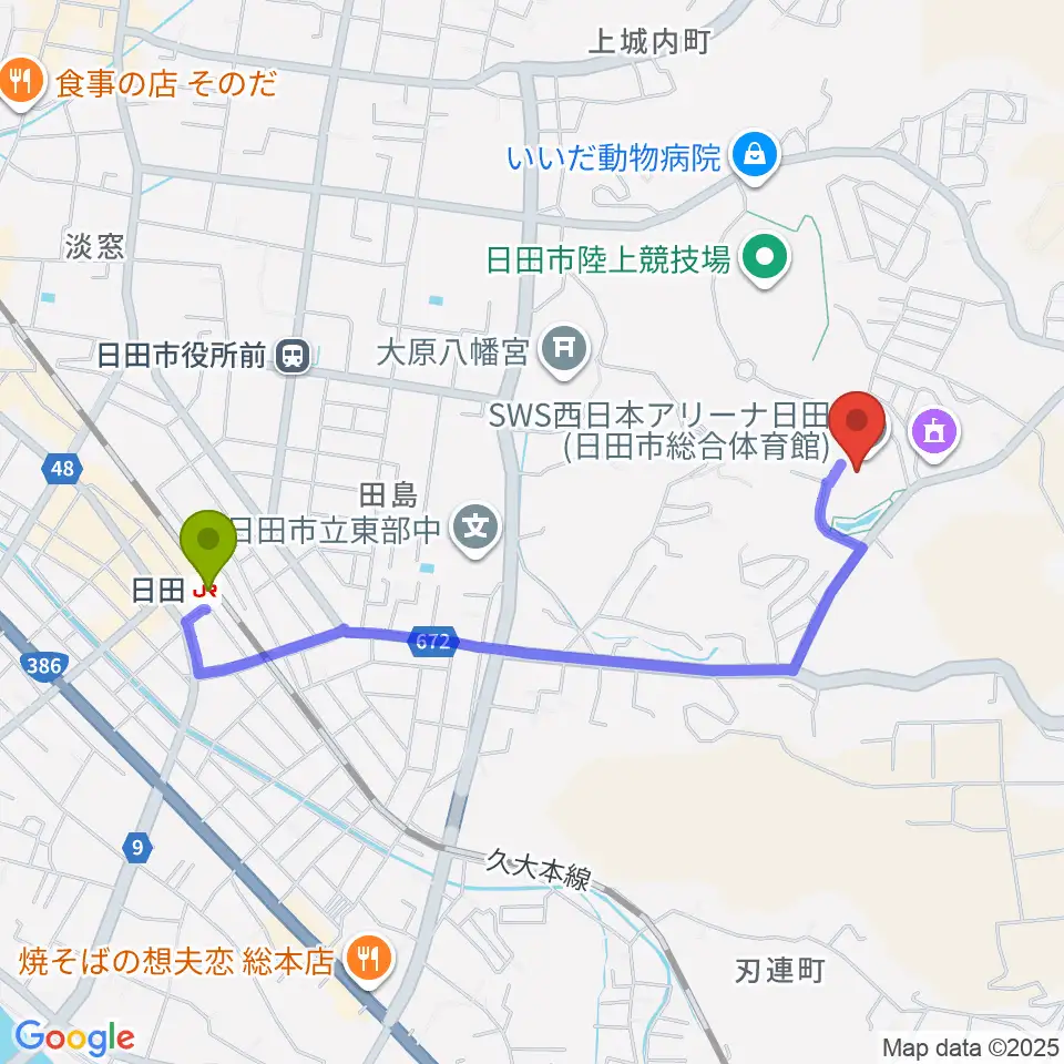 SWS西日本アリーナ日田の最寄駅日田駅からの徒歩ルート（約20分）地図