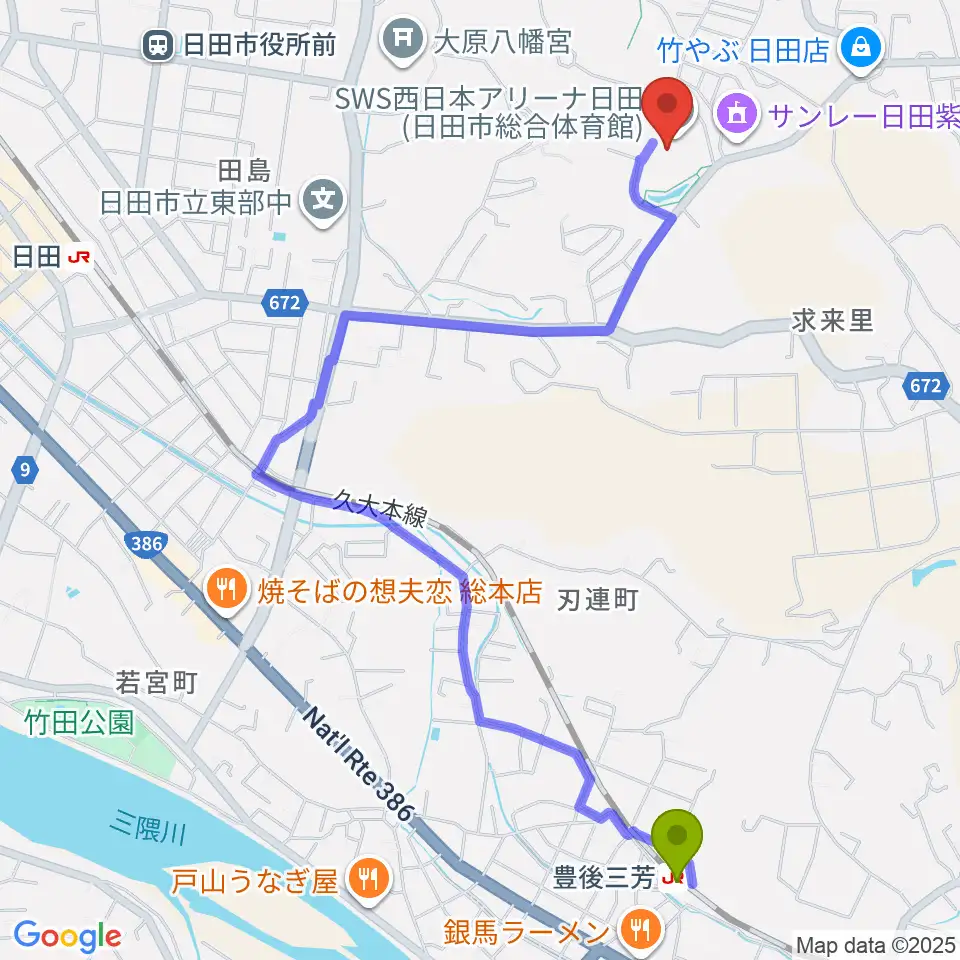 豊後三芳駅からSWS西日本アリーナ日田へのルートマップ地図