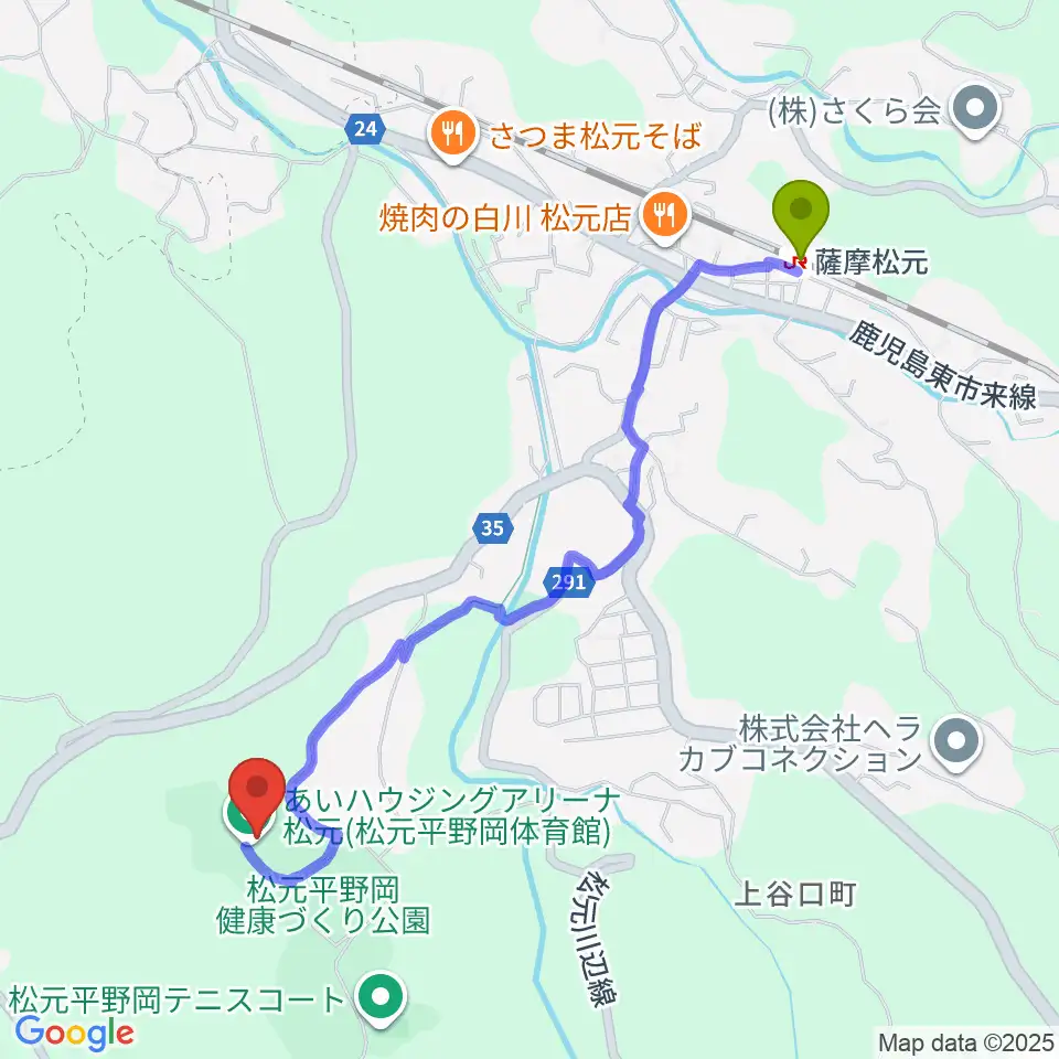 あいハウジングアリーナ松元の最寄駅薩摩松元駅からの徒歩ルート（約24分）地図