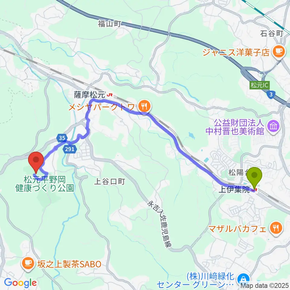 上伊集院駅からあいハウジングアリーナ松元へのルートマップ地図