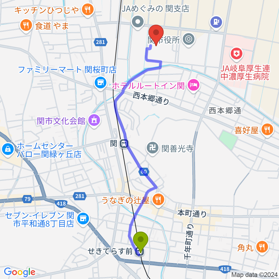 せきてらす前駅からアテナ工業アリーナへのルートマップ地図