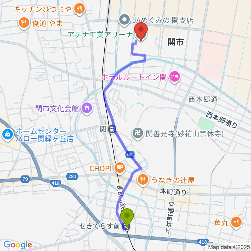 せきてらす前駅からアテナ工業アリーナへのルートマップ地図