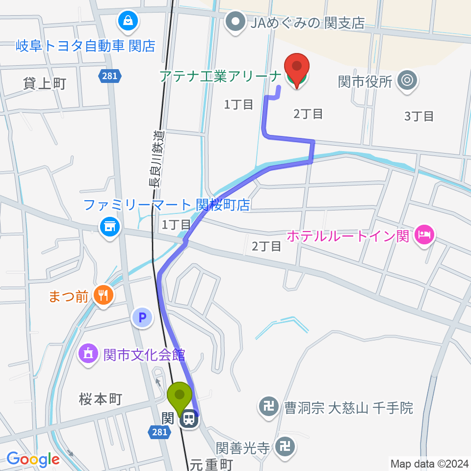 関駅からアテナ工業アリーナへのルートマップ地図