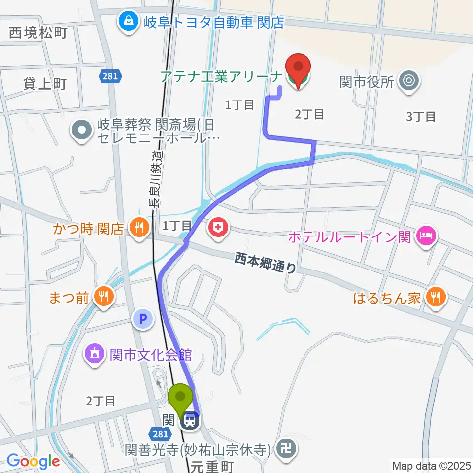 関駅からアテナ工業アリーナへのルートマップ地図