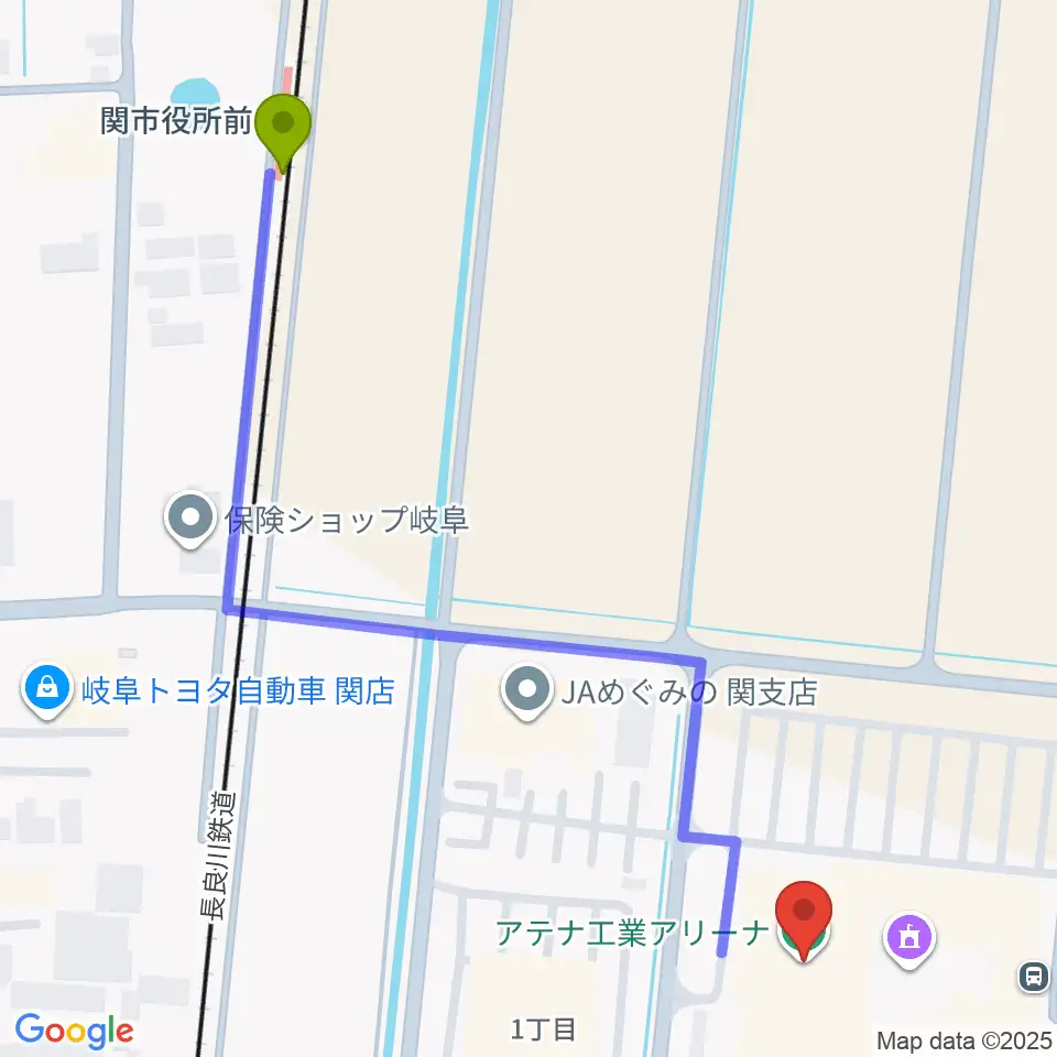 アテナ工業アリーナの最寄駅関市役所前駅からの徒歩ルート（約7分）地図