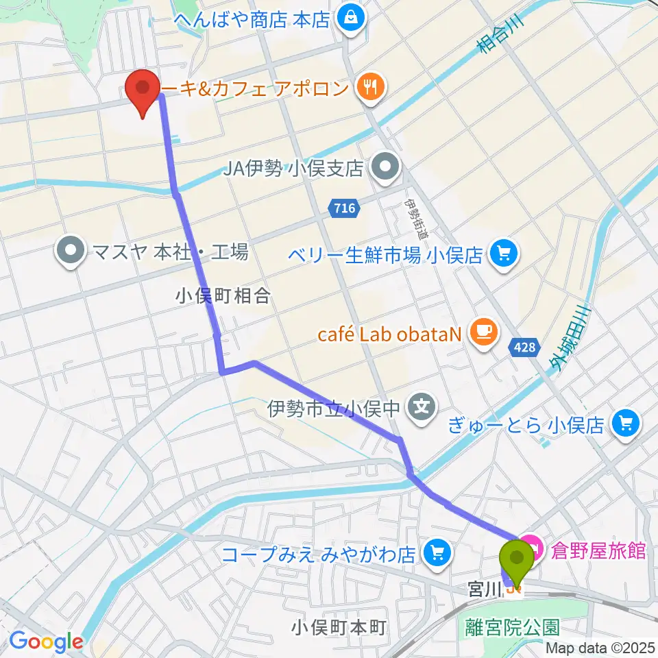 宮川駅から三重電子スマイルアリーナ小俣へのルートマップ地図