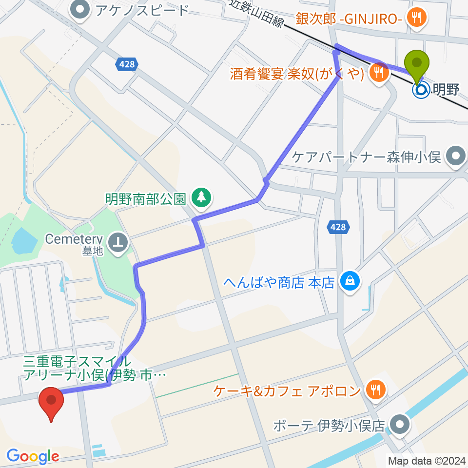 三重電子スマイルアリーナ小俣の最寄駅明野駅からの徒歩ルート（約17分）地図