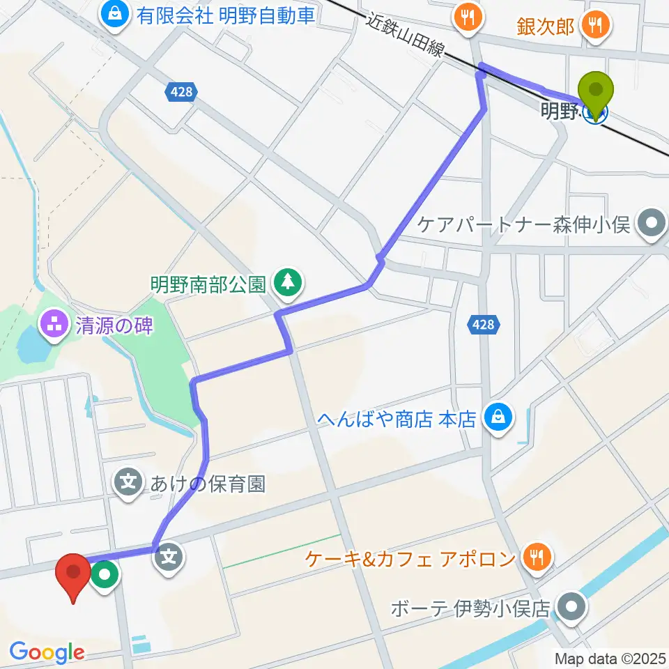 三重電子スマイルアリーナ小俣の最寄駅明野駅からの徒歩ルート（約17分）地図