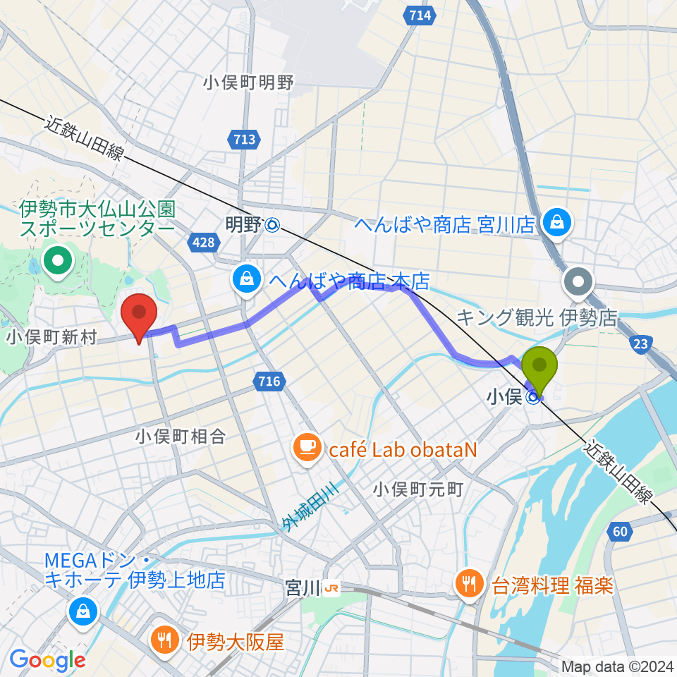 小俣駅から三重電子スマイルアリーナ小俣へのルートマップ地図