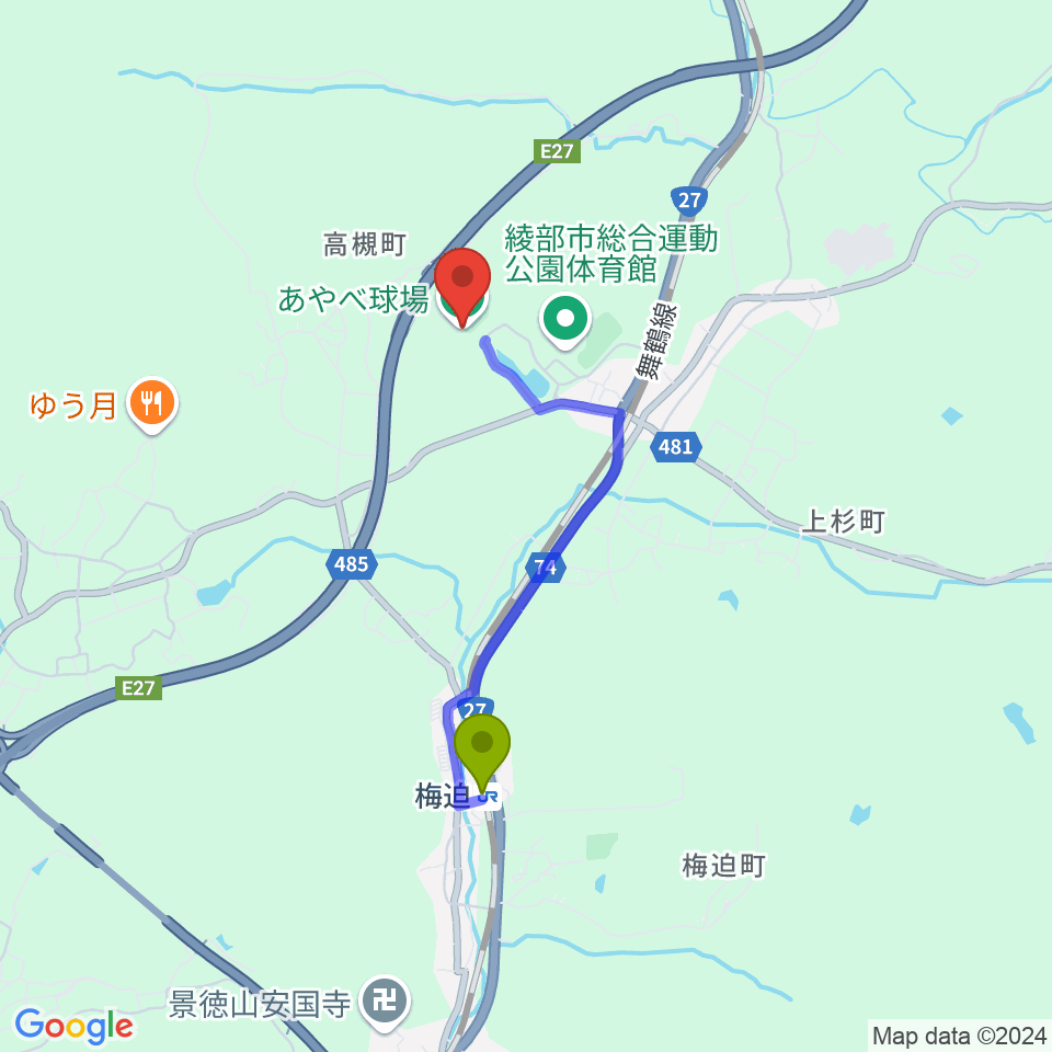 あやべ・日東精工スタジアムの最寄駅梅迫駅からの徒歩ルート（約28分）地図