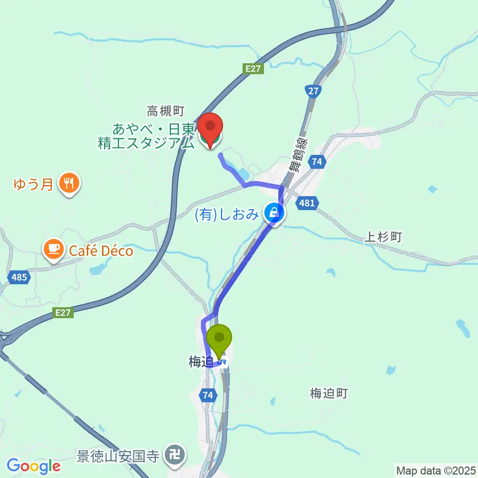 あやべ・日東精工スタジアムの最寄駅梅迫駅からの徒歩ルート（約28分）地図
