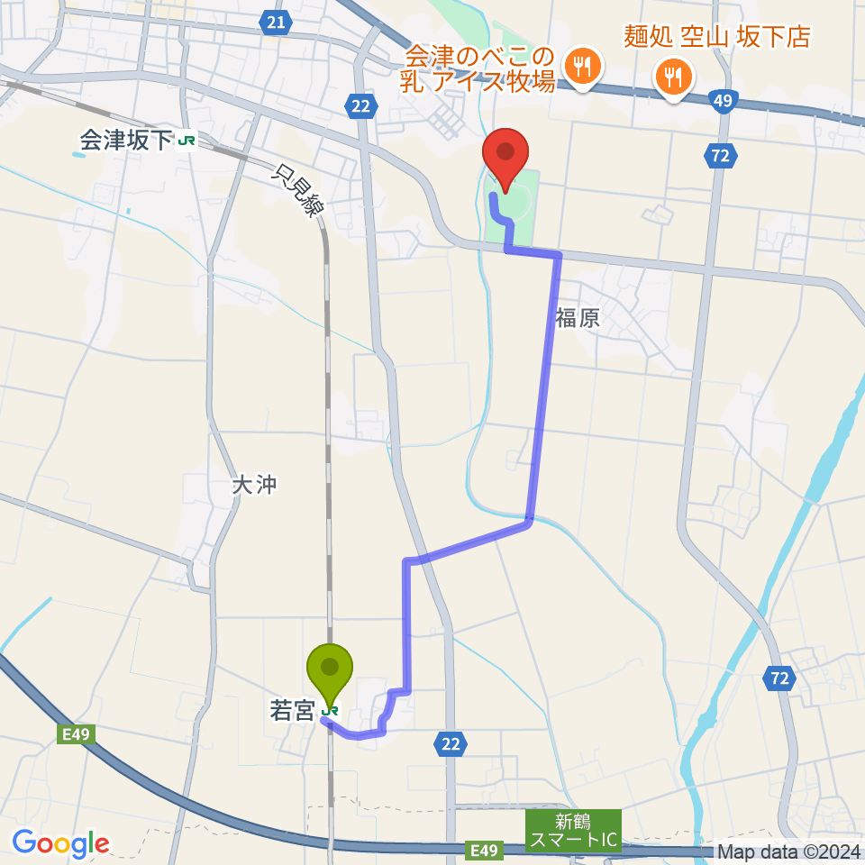 若宮駅からBMI鶴沼球場へのルートマップ地図