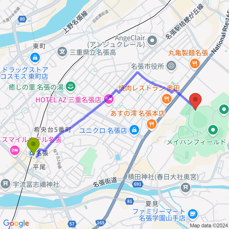 メイハンスタジアムの最寄駅名張駅からの徒歩ルート（約23分）地図