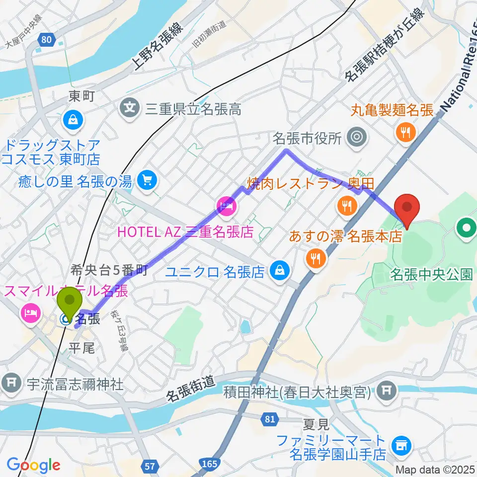 メイハンスタジアムの最寄駅名張駅からの徒歩ルート（約23分）地図