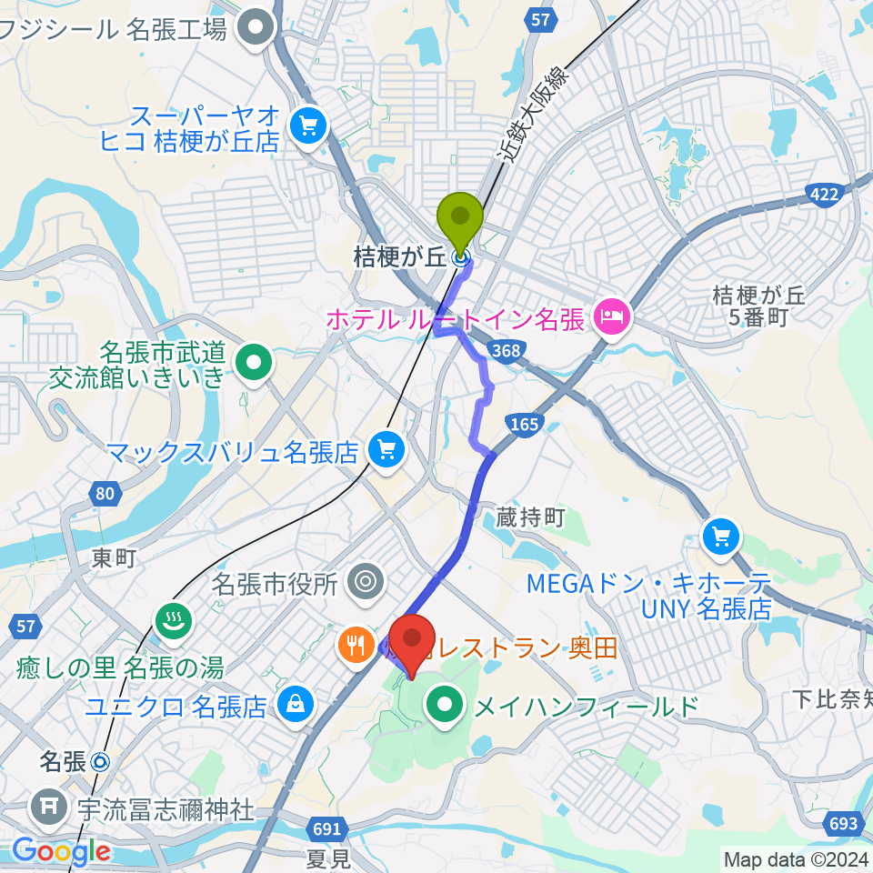 桔梗が丘駅からメイハンスタジアムへのルートマップ地図