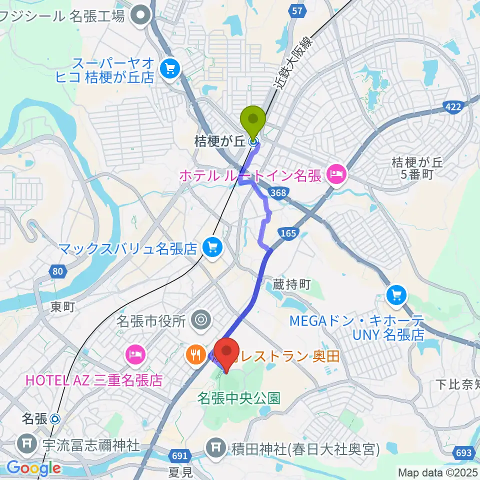 桔梗が丘駅からメイハンスタジアムへのルートマップ地図