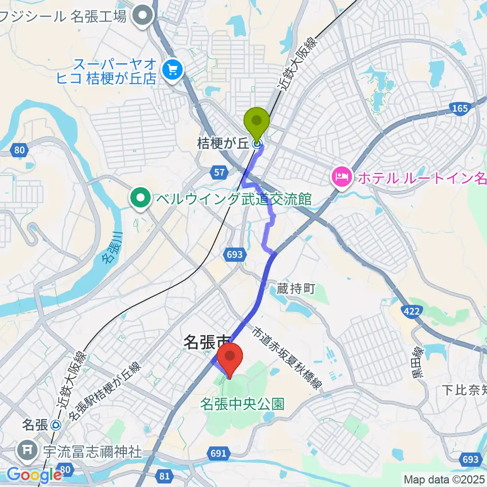 桔梗が丘駅からメイハンスタジアムへのルートマップ地図