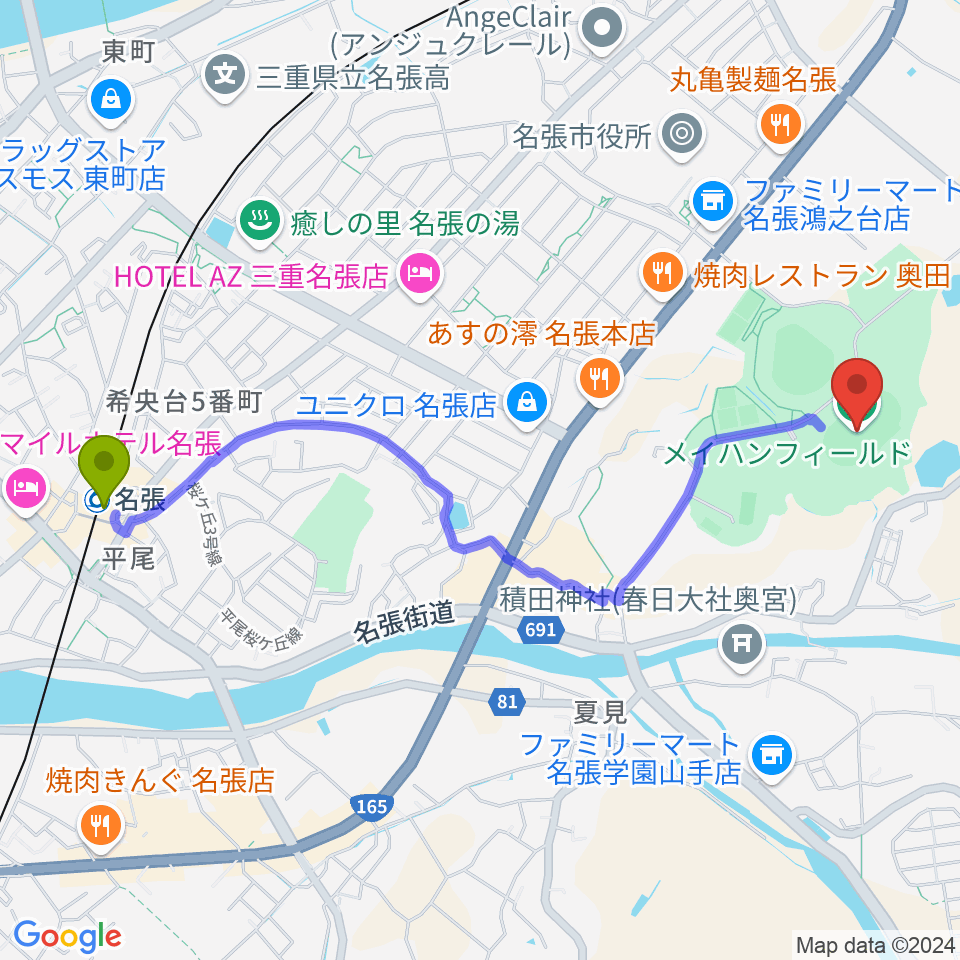 メイハンフィールドの最寄駅名張駅からの徒歩ルート（約25分）地図