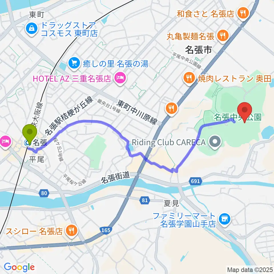メイハンフィールドの最寄駅名張駅からの徒歩ルート（約25分）地図