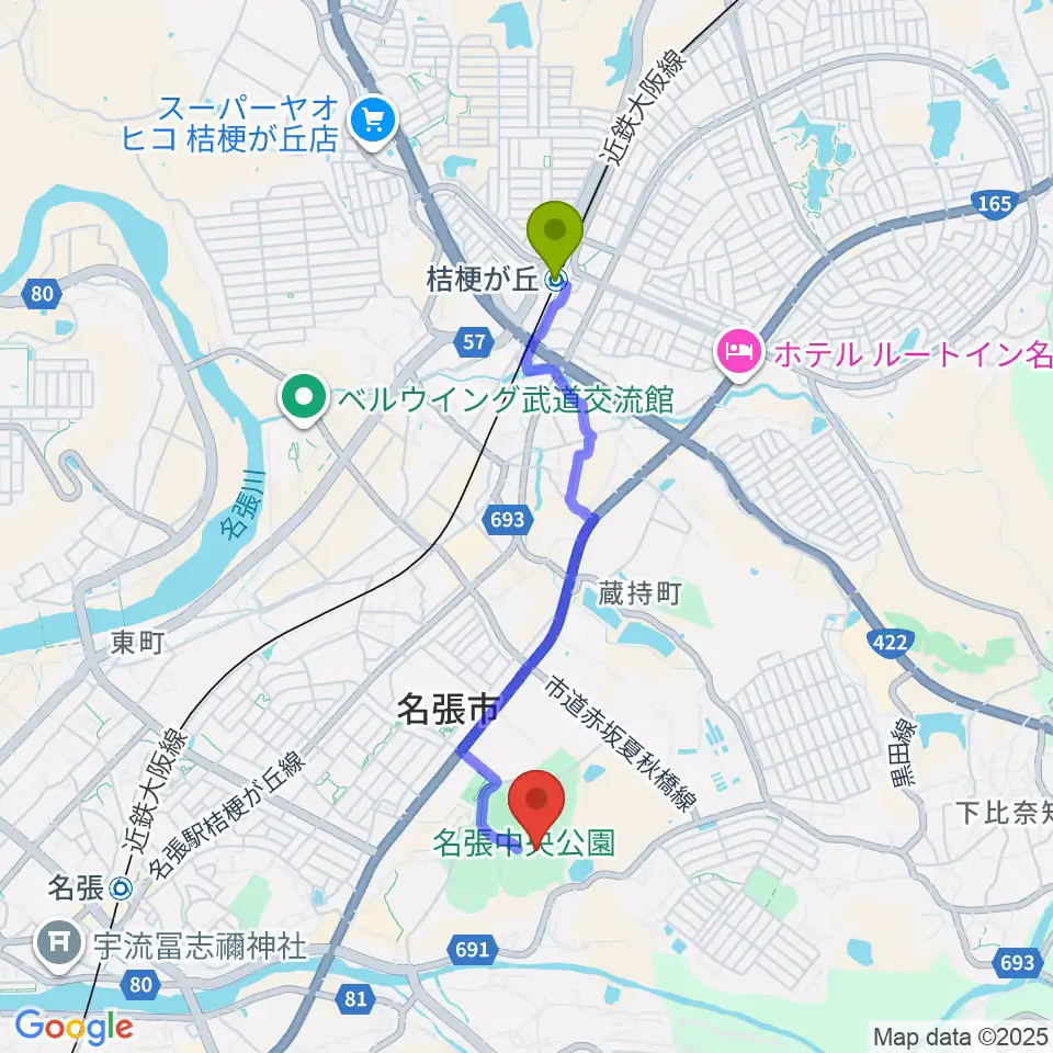 桔梗が丘駅からメイハンフィールドへのルートマップ地図