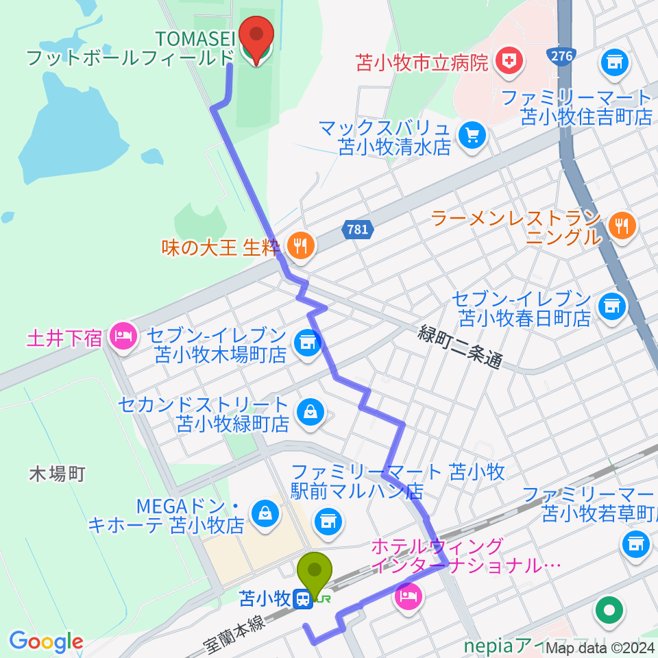 TOMASEIフットボールフィールドの最寄駅苫小牧駅からの徒歩ルート（約23分）地図